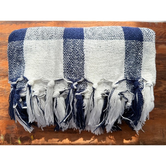 Pottery Barn Throw Blanket Blue White Plaid Woven 50x60 Cottage Farmhouse - Picture 1 of 5